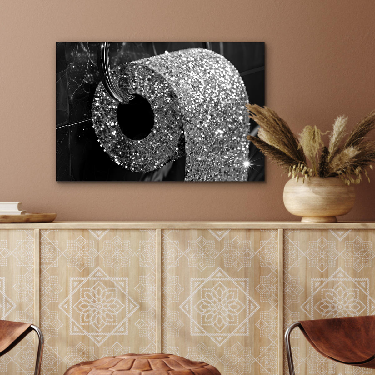 METALLBILD WC - Toilettenpapier - Schwarz und weiß - Glitter 60x40 cm - Silberfarben, Metall (60/40cm) - MuchoWow