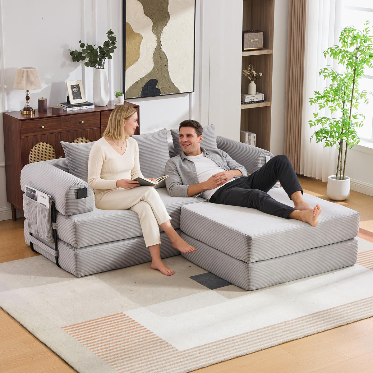 ECKSOFA Cord Hellgrau mit Hocker und Kissen - Hellgrau, Textil/Metall (218/285cm) - WISHDOR