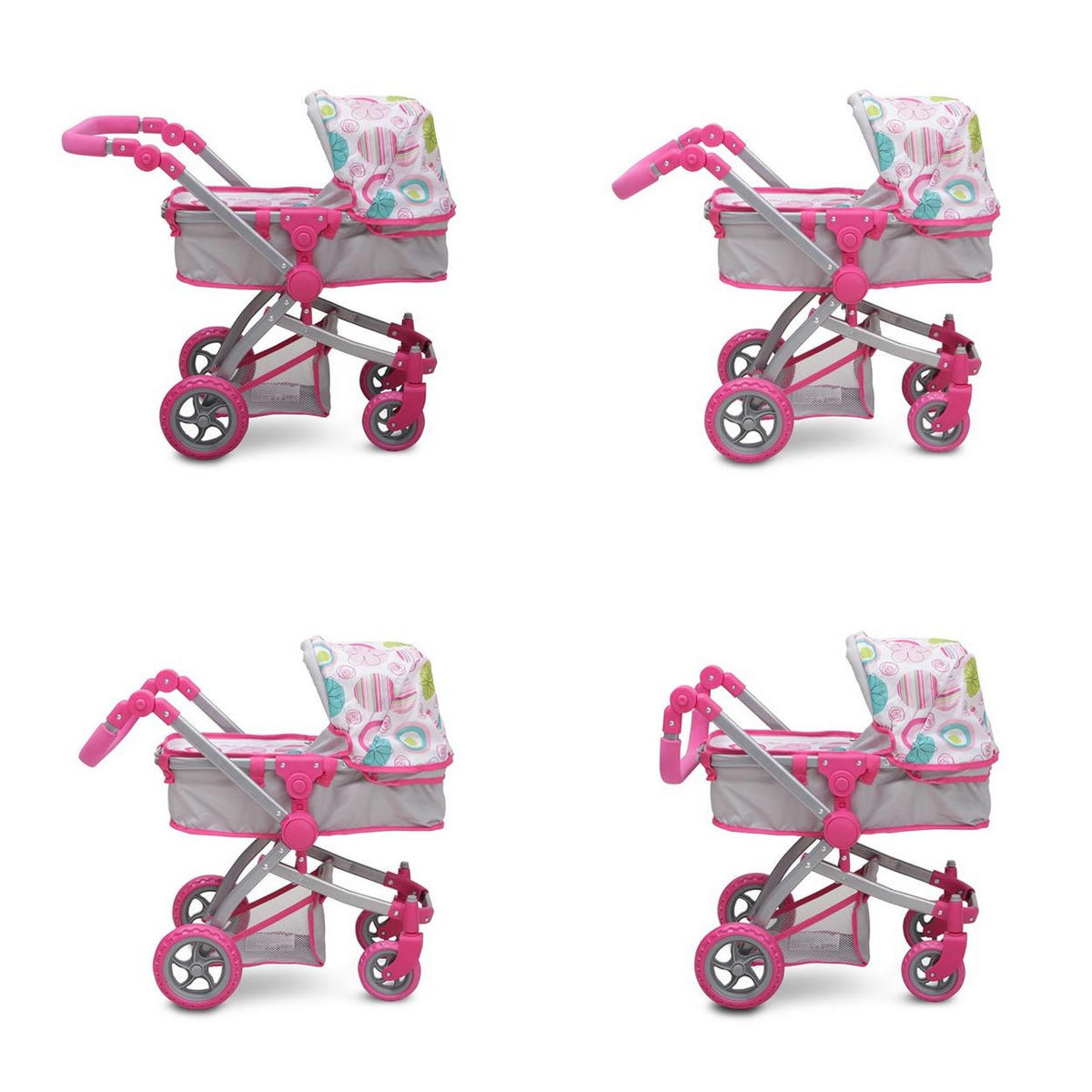 PUPPENWAGEN Rose 9651B Sonnendach, Tasche, verstellbarer Schiebegriff, Sportsitz, Polyester - Rosa, Metall (37/64/63.5cm) - Moni