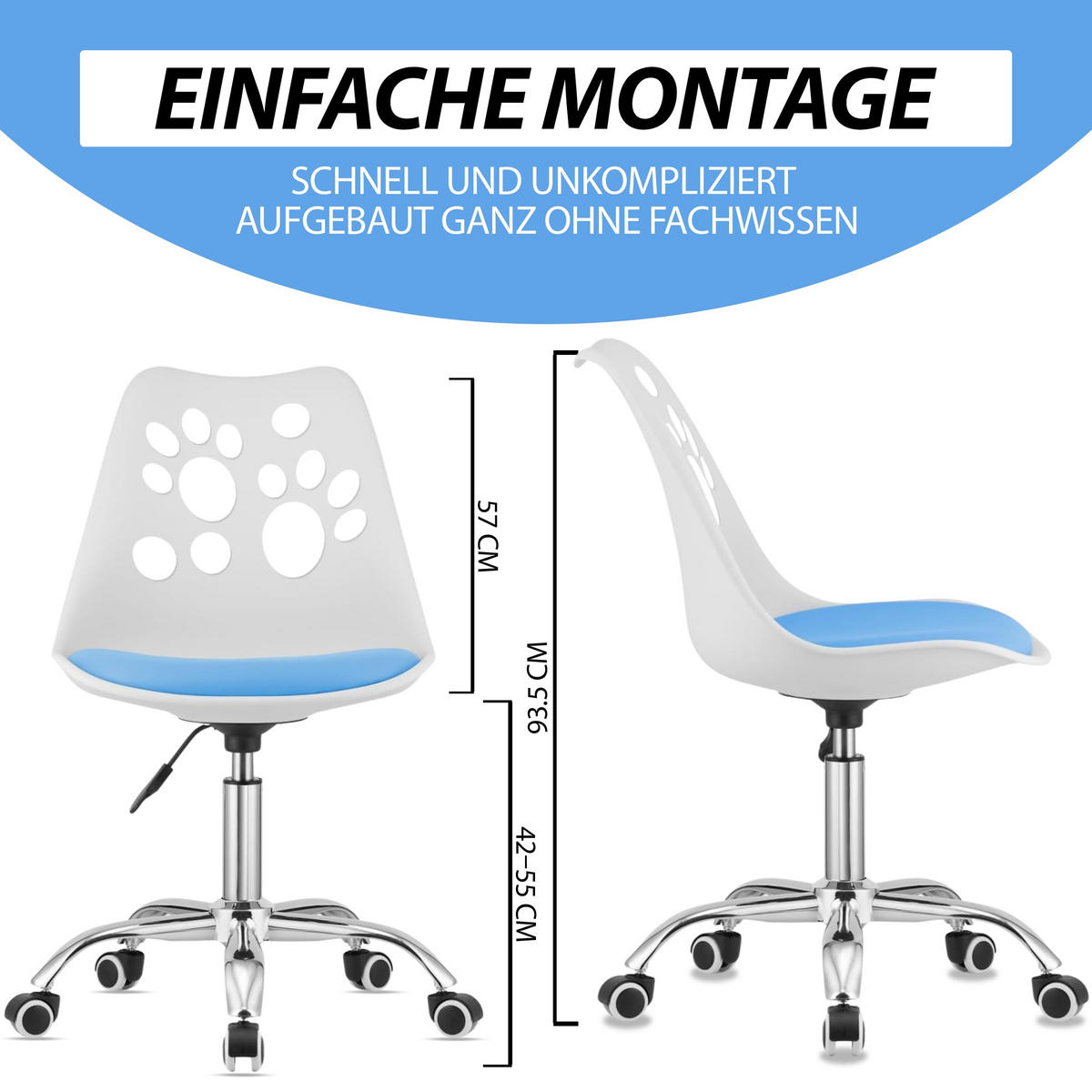 BÜRODREHSTUHL Weiß/Blau, Höhenverstellbar, Rollen, Ohne Armlehnen, Ergonomisch Für Büro Und Schlafzimmer - Weiß, Textil (51/94/58cm) - Best For Home