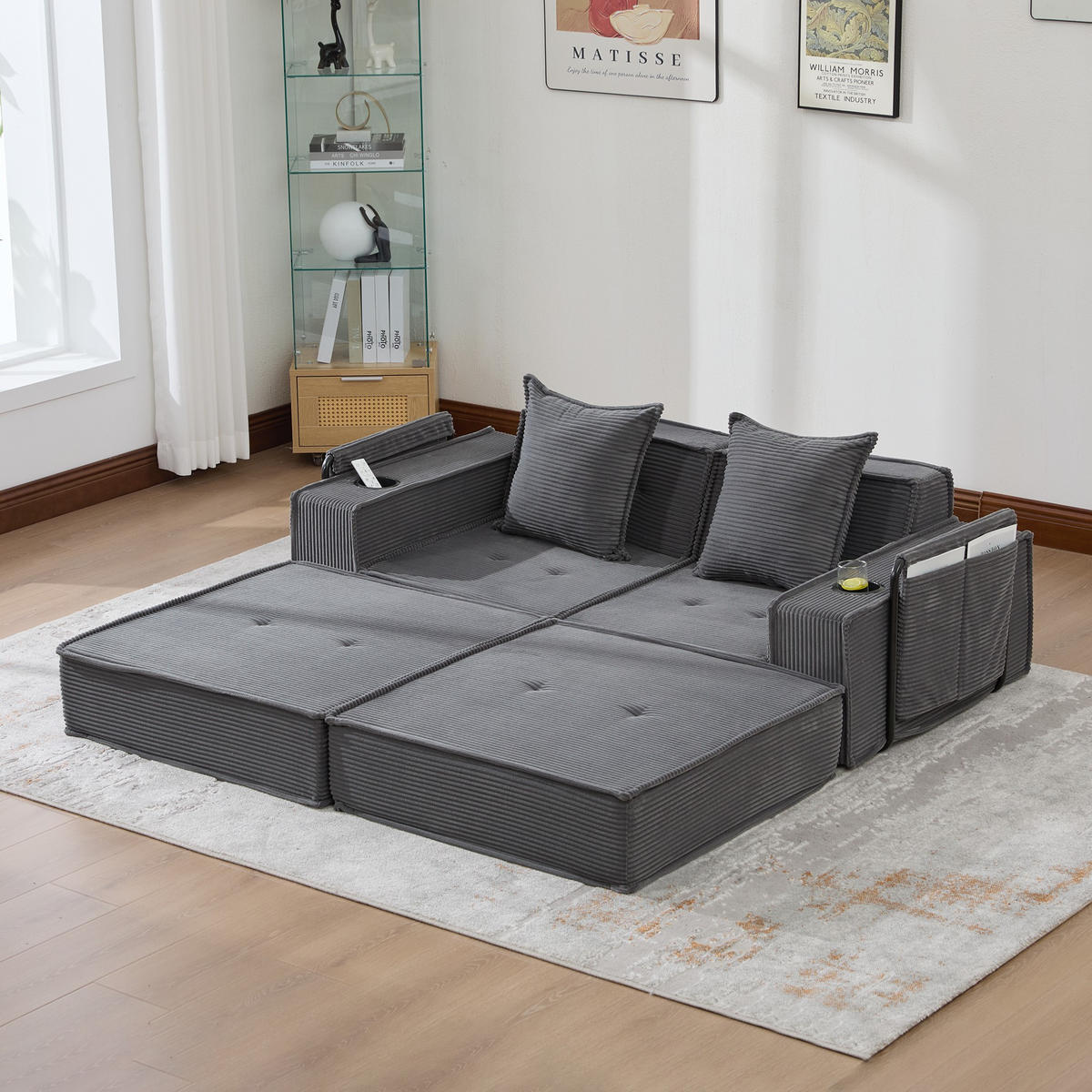 SCHLAFSOFA Zweisitzer mit Schlaffunktion,ausziehbar,Modulares Design,Cord,Dunkelgrau - Grau, Textil (162/42/54cm) - LVHOM