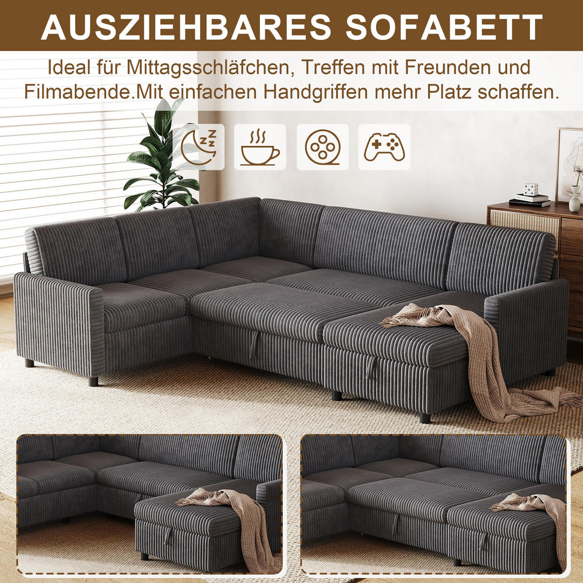 SOFA U Oblik na Razvlačenje Cord 220x274x85 cm Siva - siva, tekstil (274/85/220cm) - FLIEKS