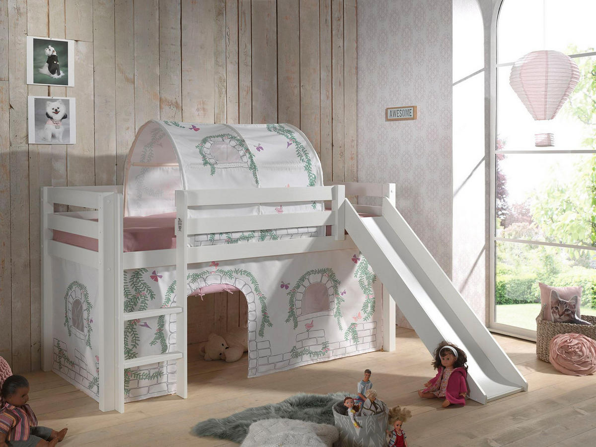 HOCHBETT mit Rutsche Karolina Massivholz Weiß Textilset Burg 2 - Hellgrau/Weiß, Holz (90/200cm) - 58aufmkessel