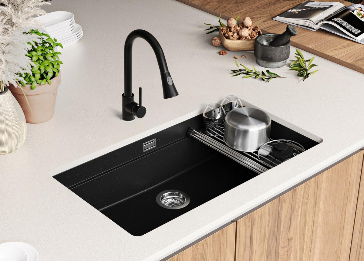 UNTERBAUSPÜLE GRANIT Prag, 3-er set Schwarz Metallic 86/47 cm, 1 Becken + Ablauf-Set + Aufrollbare Abtropffläche ab 90er Unterschrank - Chromfarben/Schwarz Hochglanz, Kunststoff (86/20/47cm) - Primagran