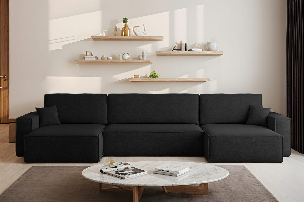 ECKSOFA Mit Schlaffunktion Und Bettkasten, Eckcouch BEST U XL Stoff Verita Schwarz - Schwarz, Holz (142/372cm) - Kaiser Möbel