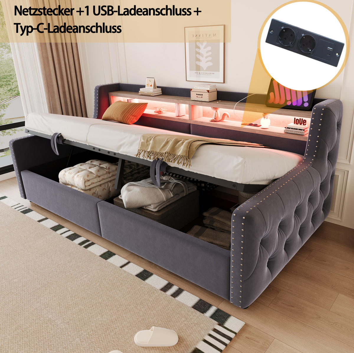 SCHLAFSOFA 90/200 cm mit LED, Stauraum, Ablage, Steckdose und USB-C, Samt mit Lattenrost, Dunkelgrau - Dunkelgrau, Textil (104/81/216cm) - Redom