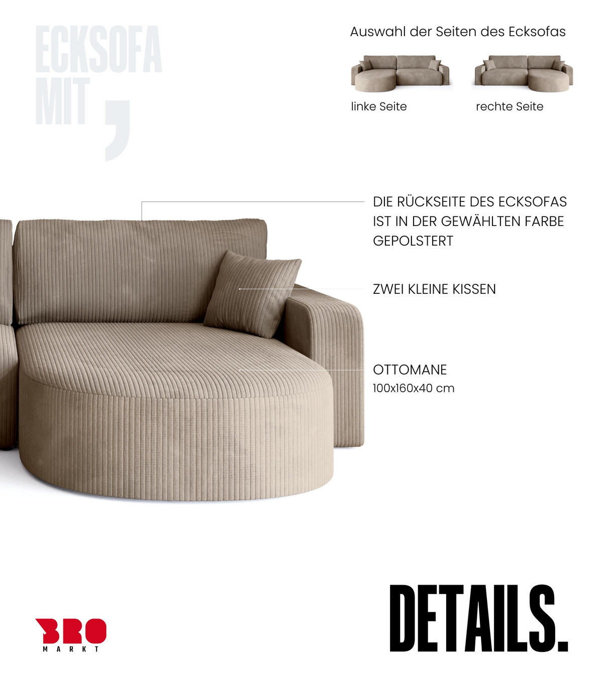 ECKSOFA Bisk mit Schlaffunktion Beige Cordstoff - Beige, Textil (275/170cm) - Bromarkt