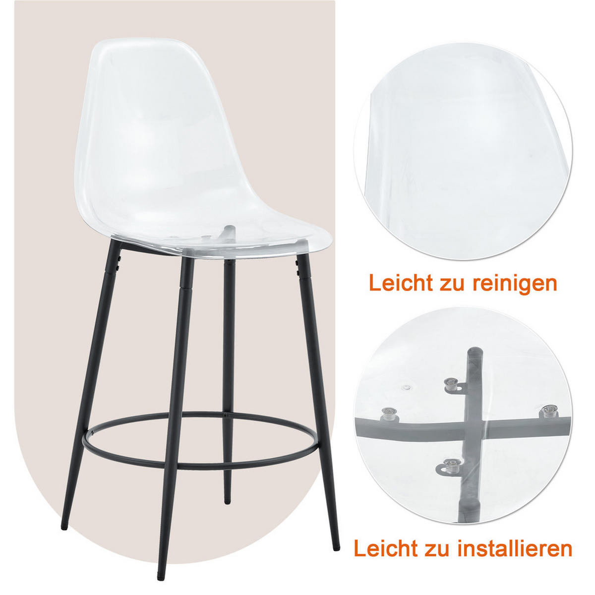 TISCHGRUPPE 3-tlg Glas 89 cm mit 2 Barhockern Metallgestell Schwarz - Transparent, Glas/Metall (80/11/94.5cm) - Raelunyi