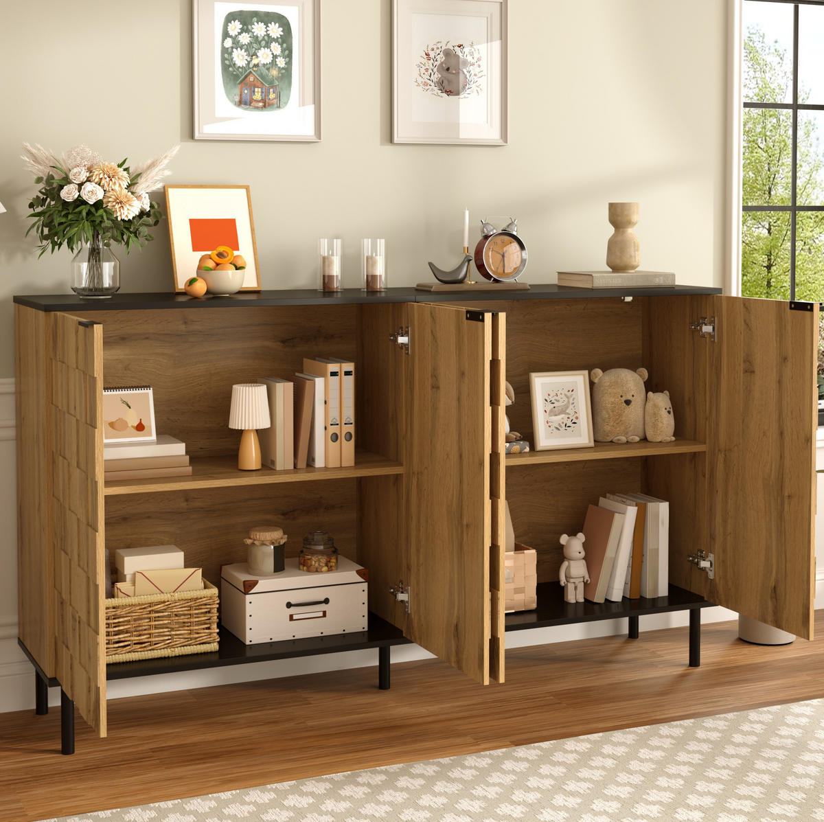 SIDEBOARD aus Spanplatte 160x35x80,5 cm Natur/Schwarz mit 2 Türen, festen Fächern und Mosaikfront - Naturfarben, Holzwerkstoff (160/80/35cm) - Modfu