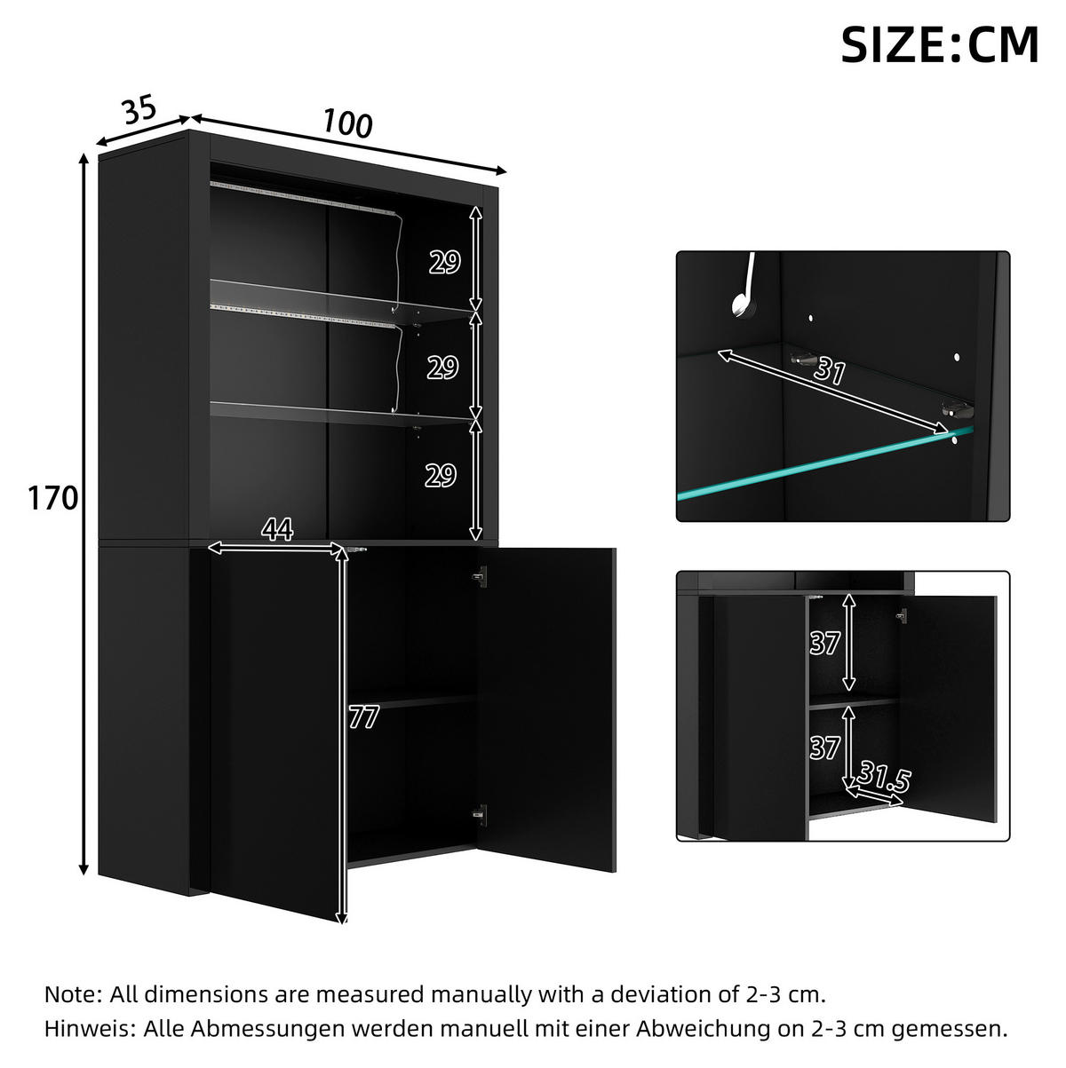 VITRINE 100/35/170 cm in Schwarz mit LED-Beleuchtung und Hochglanzfront - Schwarz, Holzwerkstoff (100/170/35cm) - Flora Grace