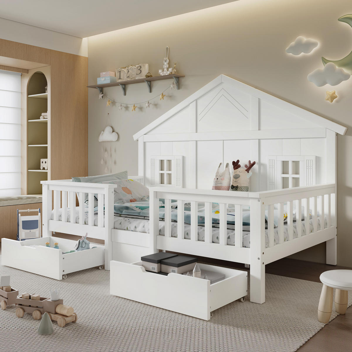 KINDERBETT 90/200 cm mit 2 Schubladen, Dach und Fenstern aus Kiefer/MDF, Weiß - Weiß, Holz (90/200cm) - Redom