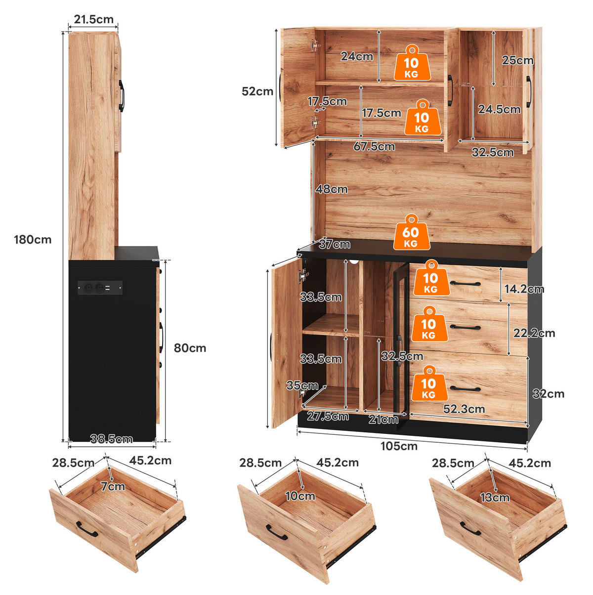 BUFFETSCHRANK 105/40/180 cm mit LED-Beleuchtung, Steckdose, verstellbaren Einlegeböden aus MDF, Neutral - Naturfarben, Holzwerkstoff (105/180/40cm) - Redom