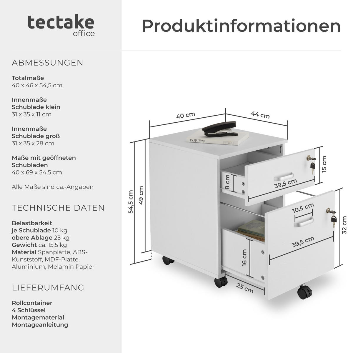 ROLLCONTAINER Vagur,40 x 44 x 54,5 cm,weiß - Weiß, Holzwerkstoff (40/54.5/46cm) - tectake