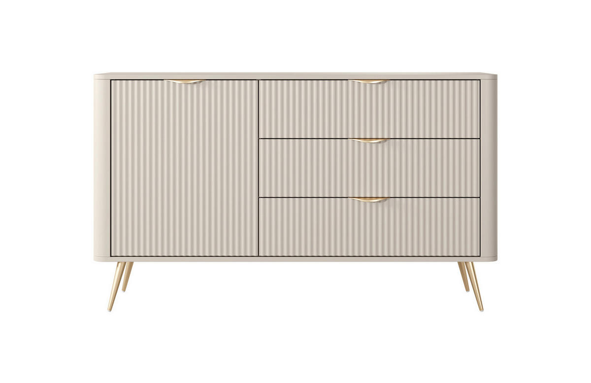 SIDEBOARD Flore 138 cm Beige / Gold - mit 3 Schubladen und 1 Tür - Riffel-Optik - Beige/Gelb, Holz/Holzwerkstoff (138/81/38cm) - Ravio