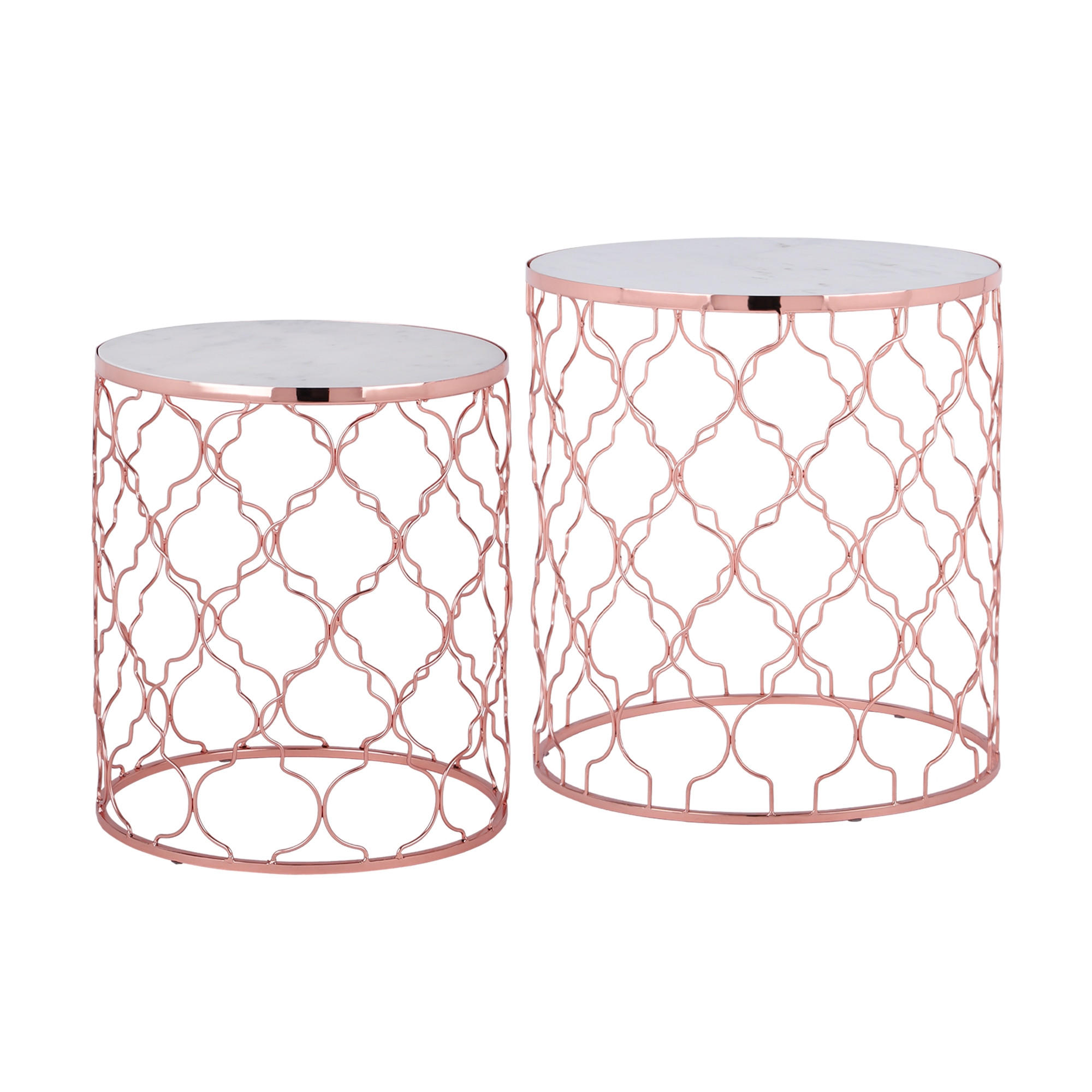 WOMO-DESIGN SADA 2 KUSŮ KULATÝCH POMŮCŮ Ø40/Ø45 cm, BÍLÝ MÁRMOR/MĚĎ