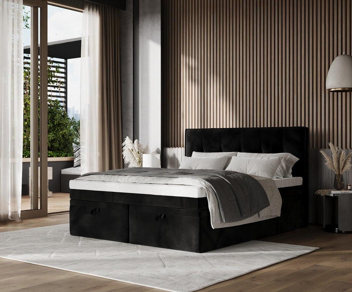 BOXBETT Arivo 140/200 cm Schwarz im Kronos Stoff - Schwarz, Holz/Holzwerkstoff (140/200cm) - AltaBeds