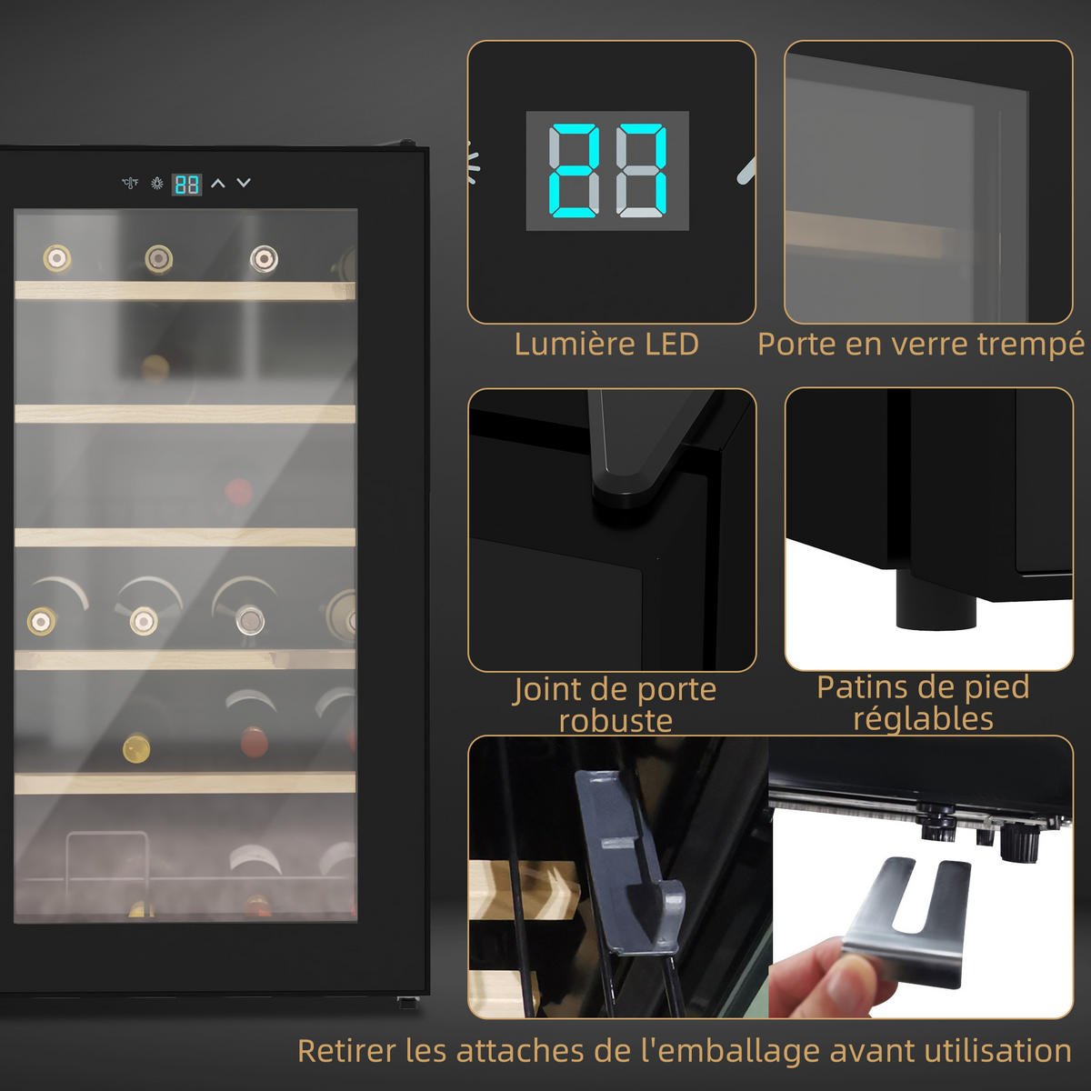 WEINKÜHLSCHRANK DE-17432 24 Flaschen, 5-20°C regelbar mit LED Schwarz - Schwarz, Metall (45/75/43cm) - ComfortXL