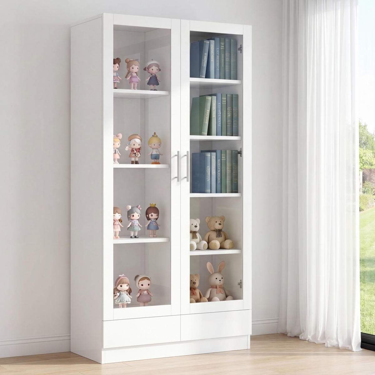 VITRINE in Weiß mit Schubladen und Glastüren für Wohnzimmer und Büro, B80/T40/H160 cm - Weiß, Glas/Holzwerkstoff (80/160/40cm) - STILVORA