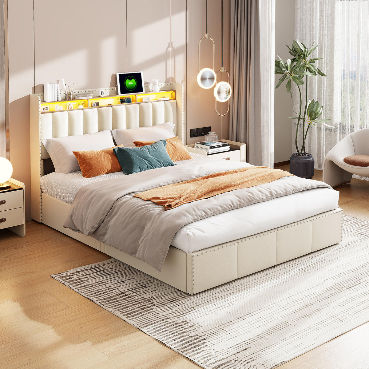 POLSTERBETT 140x200 cm in Beige mit Bettkasten & LED, Samt - Beige, Holz/Metall (140/200cm) - PARAFTA HOME