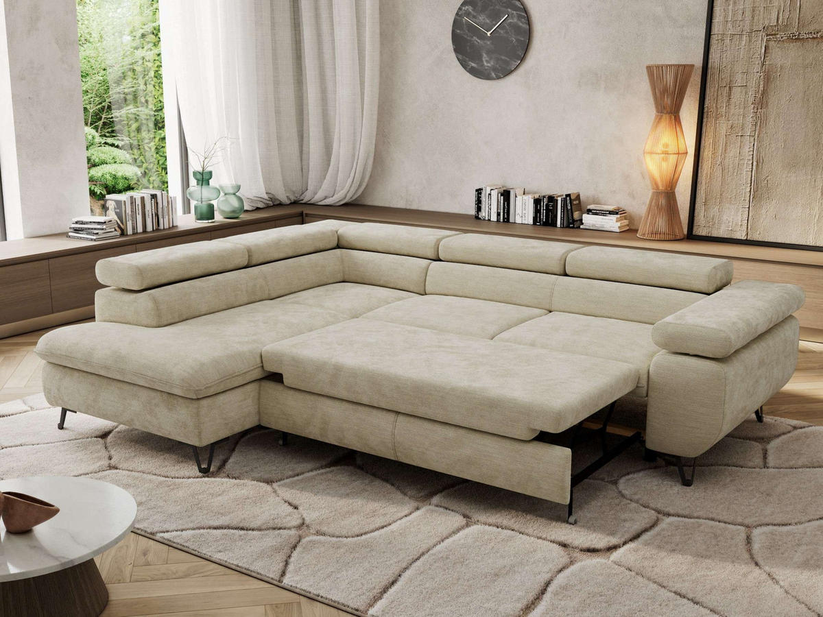 ECKSOFA PABLO L Beige Schenille glatt - Links Seite - Beige/Schwarz, Textil/Metall (208/273cm) - MKS