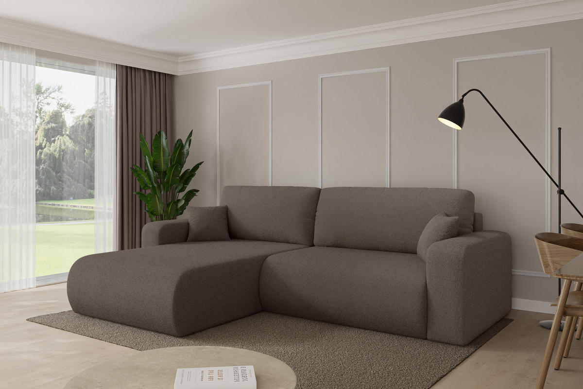 ROHOVÁ SEDAČKA s funkcí spaní, otoman vlevo BERY-L 276x193x88 hnědá bouclé - černá/hnědá, kompozitní dřevo/textil (276/193cm) - ALTDECOR