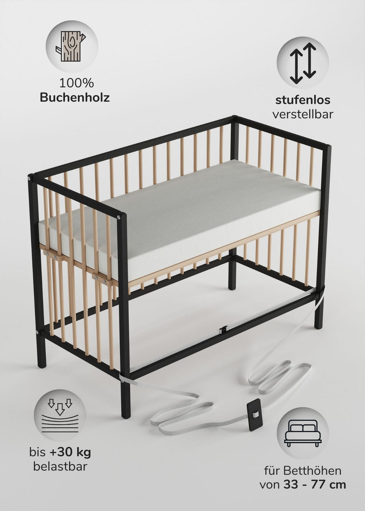 BEISTELLBETT Matratze Cloud Air Rollen & Umbauseite schwarz/natur Dreamy 4in1 - Schwarz/Naturfarben, Holz (120/90/60cm) - Sämann – make a difference.