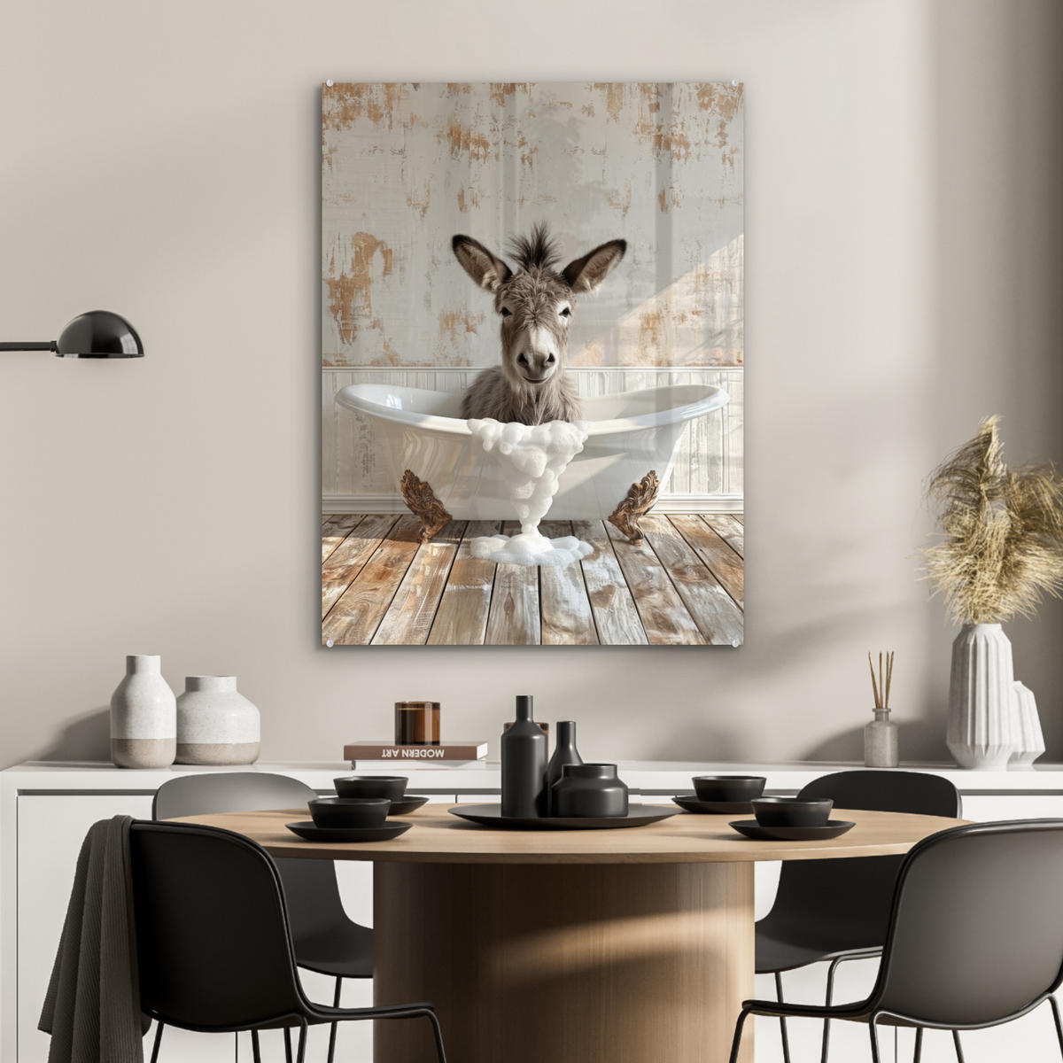 ACRYLGLASBILD Esel - Tiere - Badewanne - Schaumstoff 60x80 cm - Weiß, Glas (60/80cm) - MuchoWow