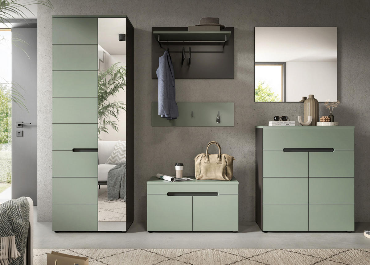 GARDEROBE SET 6-teilig Salbei Grün, Basalt Grau, Komplett-Set mit Soft-Close - Salbeigrün/Schwarz, Holzwerkstoff/Kunststoff (255/190/37cm) - Inn.Furn