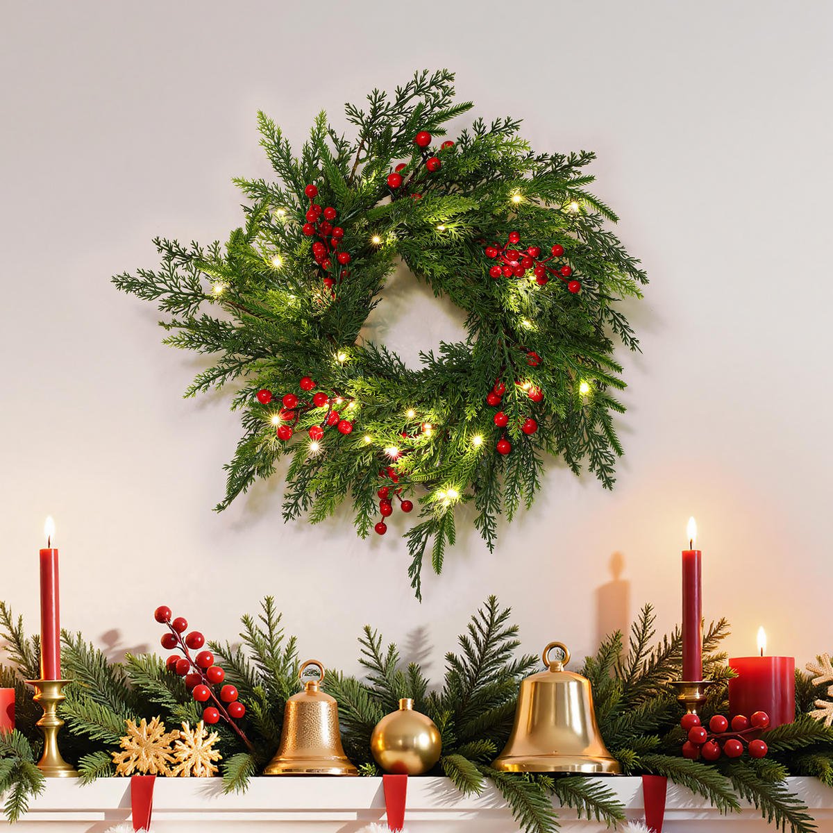 WEIHNACHTSKRANZ mit 25 LEDs & Timer - Smaragdgrün, Naturmaterialien (40cm) - Hometopia