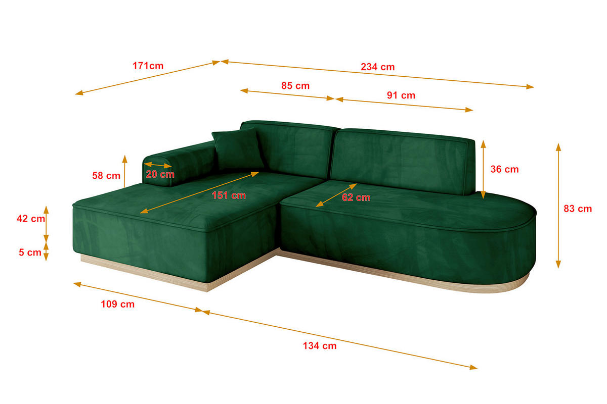 ECKSOFA Ottomane Links IREA-L1 - 234x171x83 cm Grün - Grün, Holzwerkstoff/Textil (234/171cm) - ALTDECOR