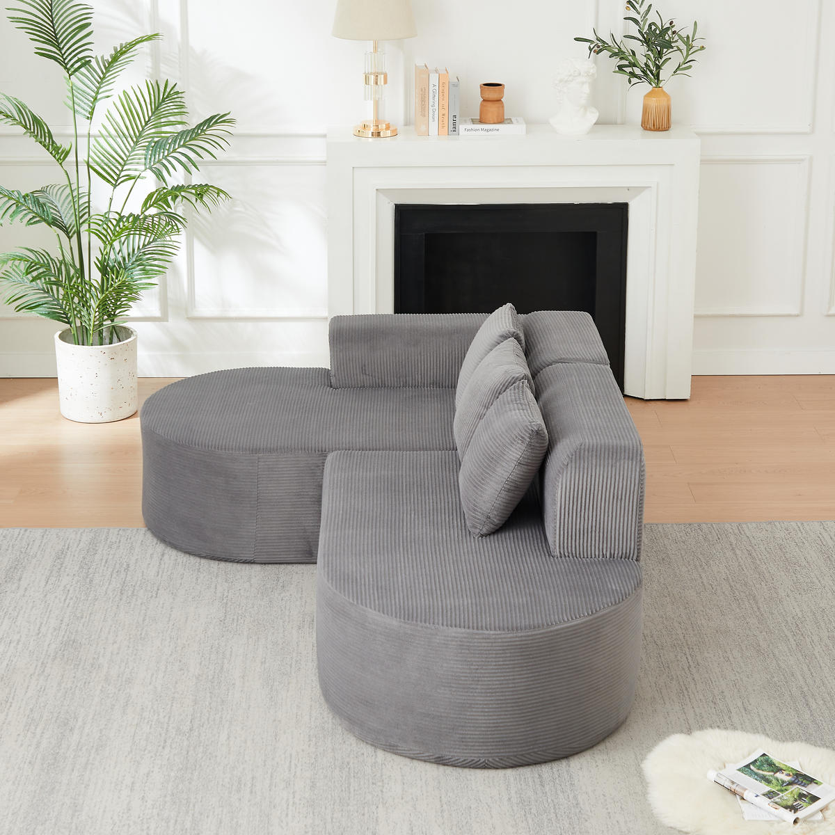 ECKSOFA 220/155/70 cm Grau Cord mit 3 Kissen, Linke Seite - Grau, Textil (220/155cm) - Oxeza