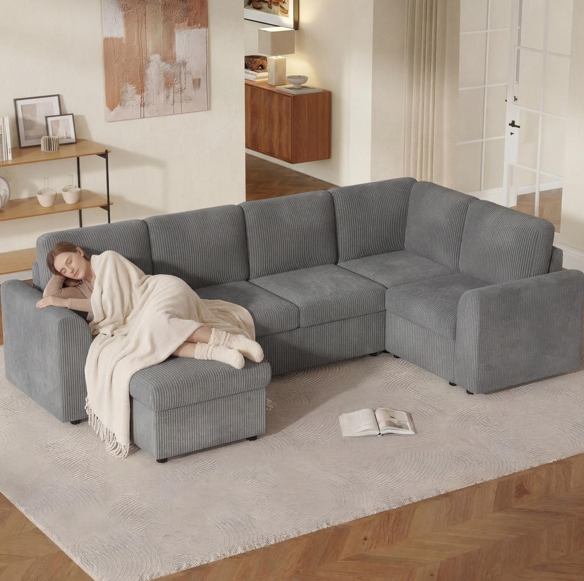 WOHNLANDSCHAFT aus cord 282x153x85 cm in Grau mit Stauraumhocker & Schlaffunktion - Grau, Textil (153/85/282cm) - Modfu