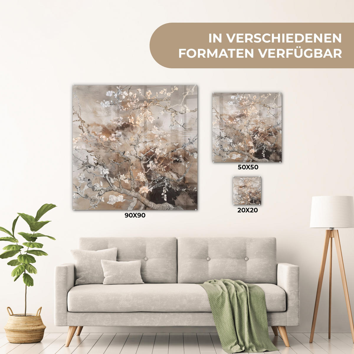 ACRYLGLASBILD Mandelblüte - Kunst - Van Gogh - Beige - Abstrakt 50x50 cm - Braun, Glas (50/50cm) - MuchoWow