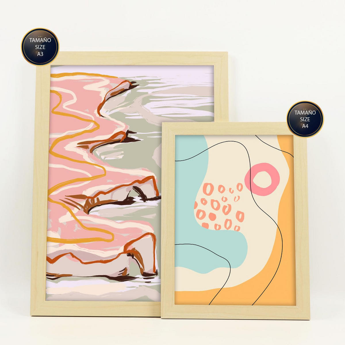 POSTER Set Mit 6 Linienufer In Kulissen Abstracts Ästhetische Dekorative Gemälde Für Ihr Wohnzimmer Zuhause A3 & A4 Rahmen Aus Hellem Holz - Beige, Papier (29/3cm) - Nacnic