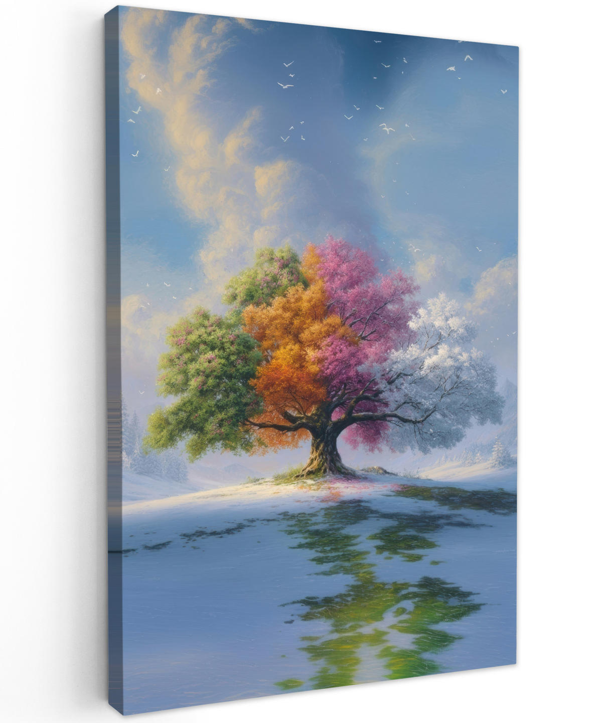 LEINWANDBILD Baum - Jahreszeiten - Winter - Landschaft Deko Groß 90x140 cm - Multicolor, Textil (90/140cm) - MuchoWow