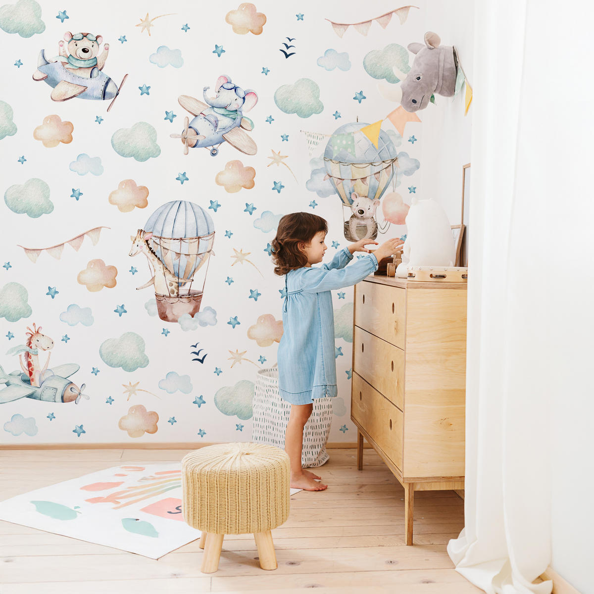 WANDAUFKLEBER SET für Kinder Tiere Wolken Flugzeuge Sterne 60x30 - Gelb/Beige, Papier (60/30/1cm) - Muralo