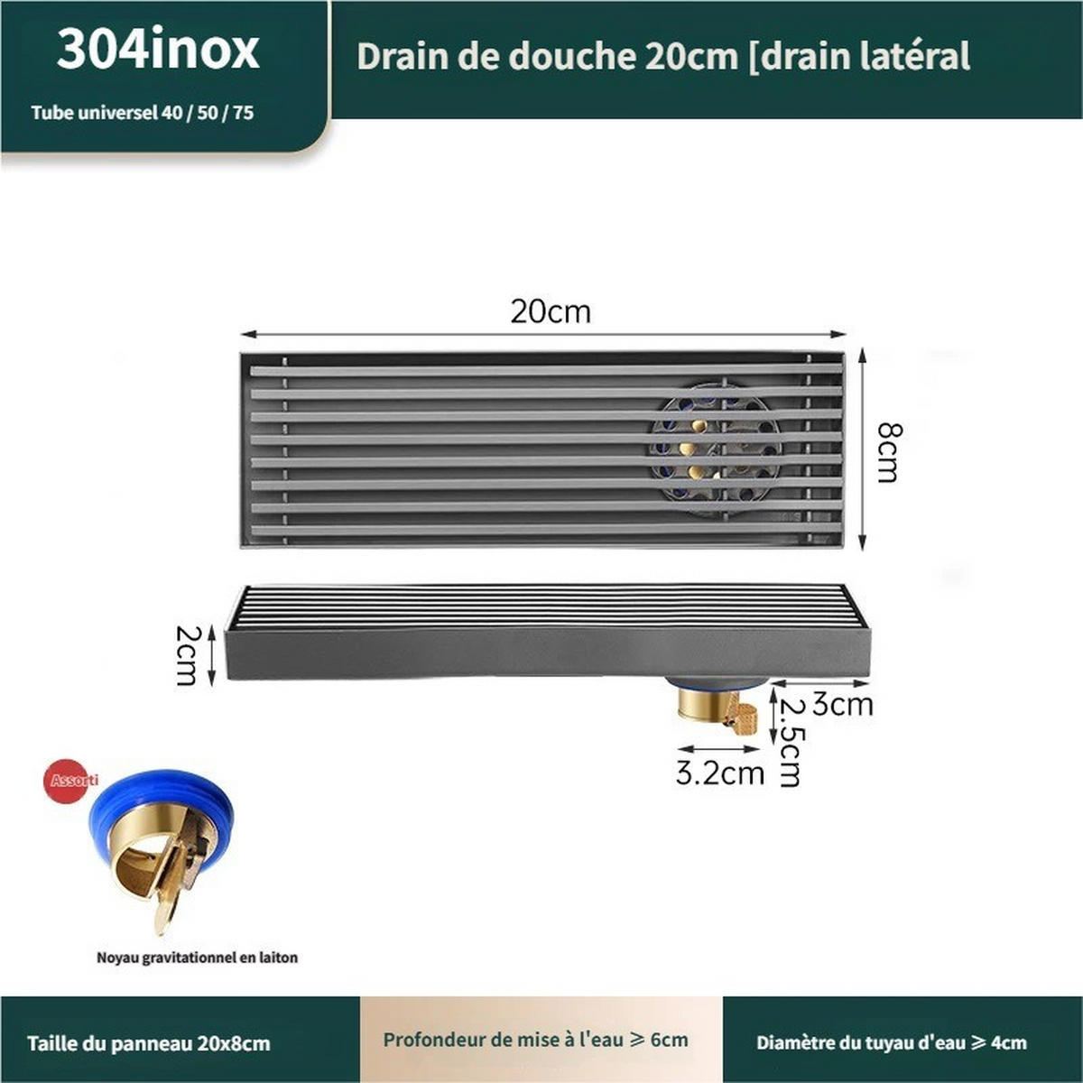 BODENABLAUF – 8 x 20 cm – Seitlicher Abgang - Grau, Metall (12.4/31/6.8cm)
