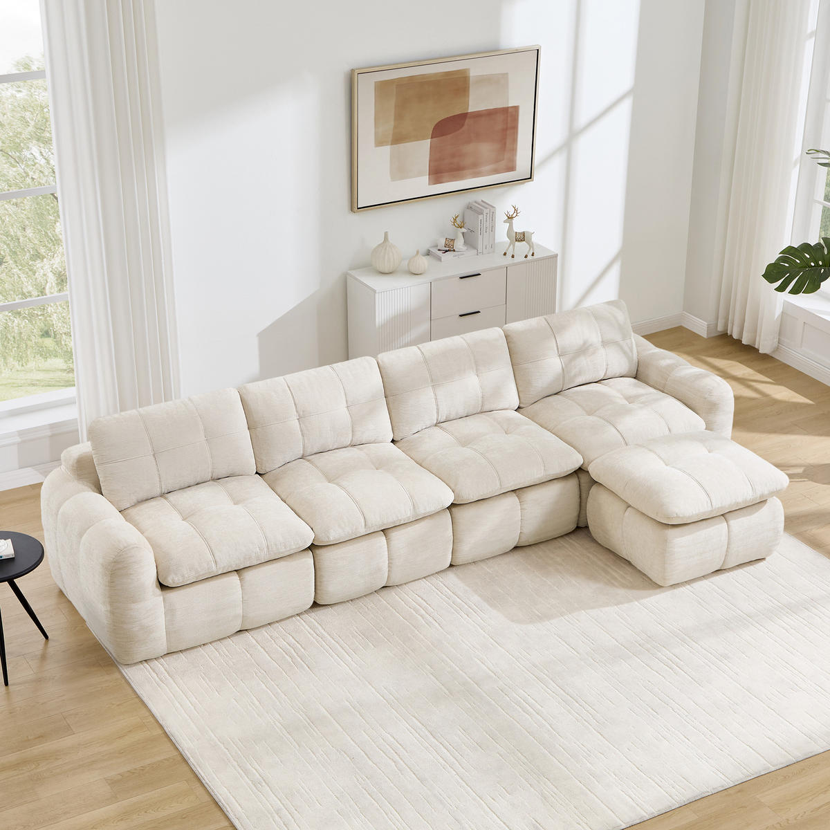 ECKSOFA 334/160/68 cm Beige Chenille mit 1 Fußhocker - Beige, Textil (334/160cm) - Oxeza