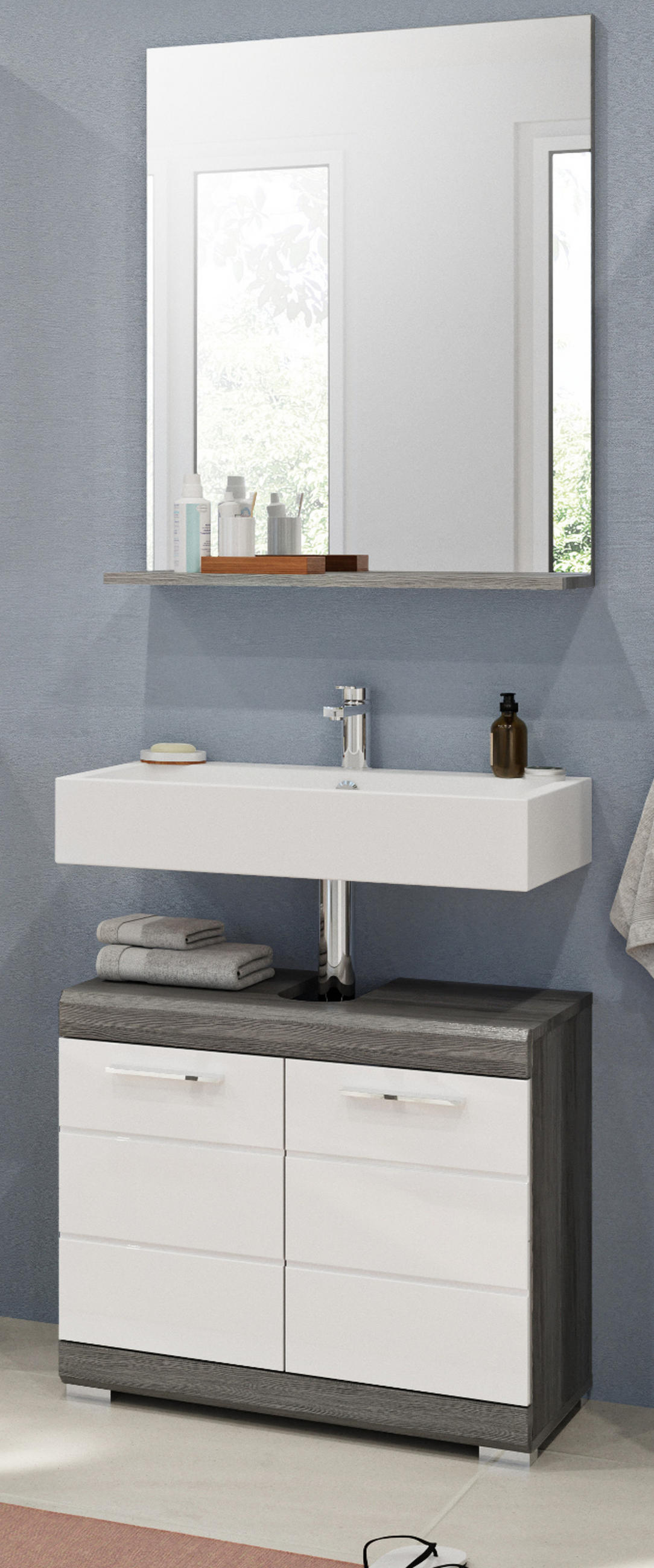 BADMÖBEL-SET weiß Hochglanz, grau 2-teilig 60 cm, Badkombination mit Spiegel - Weiß Hochglanz/Grau, Glas/Holzwerkstoff (60/191/34cm) - Inn.Furn