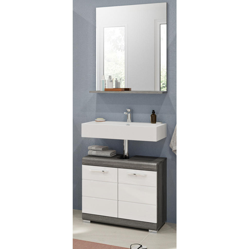 Thumbnail - Inn.Furn Badmöbel-Set, Weiß Hochglanz, Grau, Holzwerkstoff, Glas, Holz Optik, Rechteckig, 60x191x34 cm, FSC Mix, Badacce...