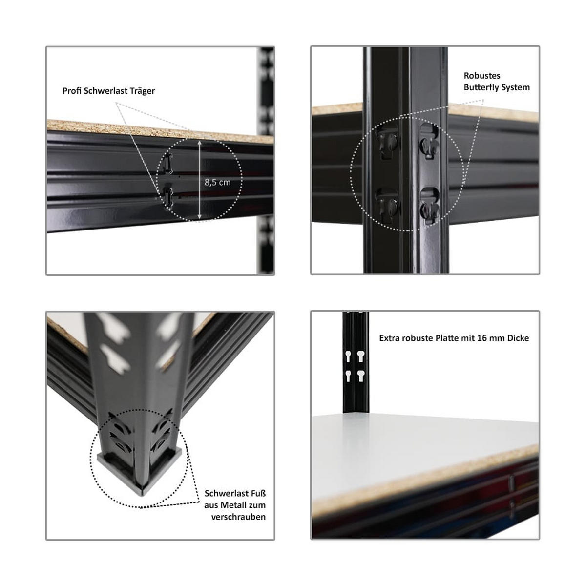 SCHWERLASTREGAL Rhino 200x200x60 cm 4 Melamin-Ebenen 16mm Fachlast 500 kg Schwarz - Schwarz, Metall (200/200/60cm) - PROREGAL