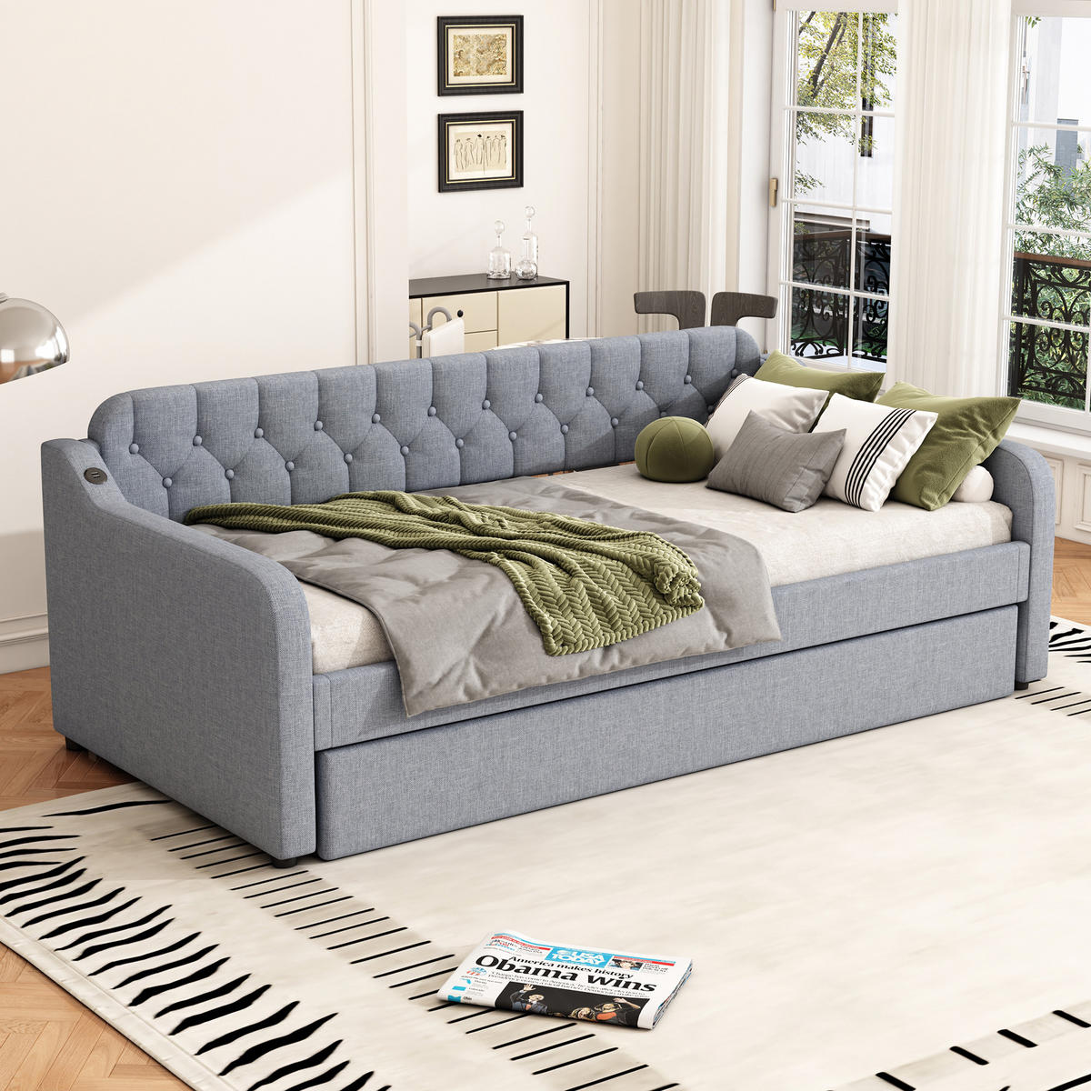 SCHLAFSOFA 90x200cm Grau mit Rollbett USB-Anschluss - Grau, Holz (90/200cm) - FLIEKS