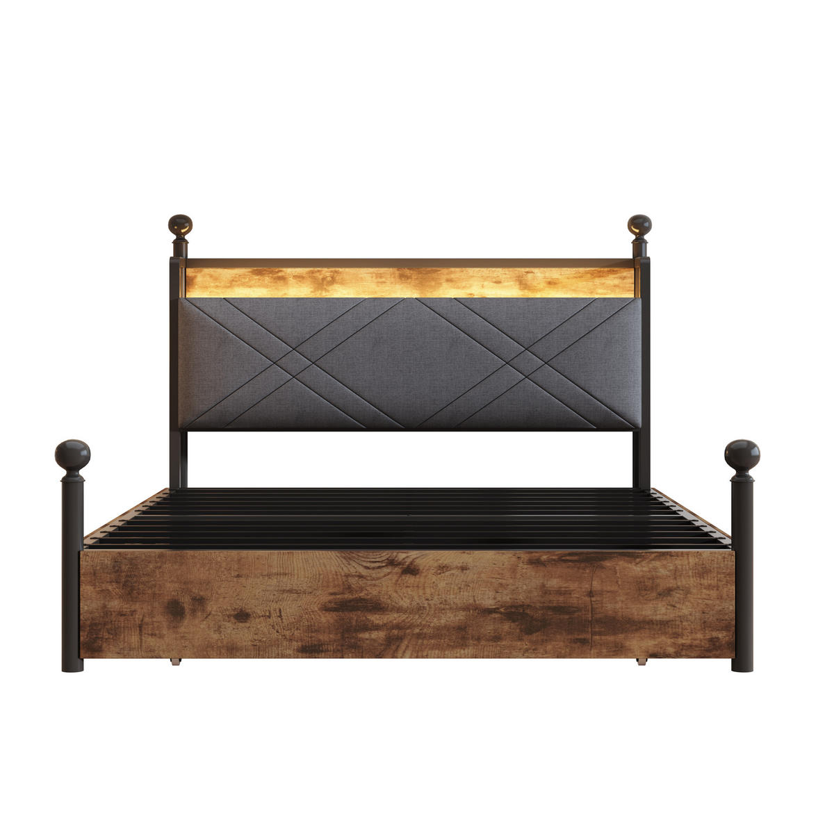 METALLBETT 140/190 cm mit Kopfteil, LED und USB/Type-C – schwarz - Schwarz, Metall (140/190cm) - BEAOK