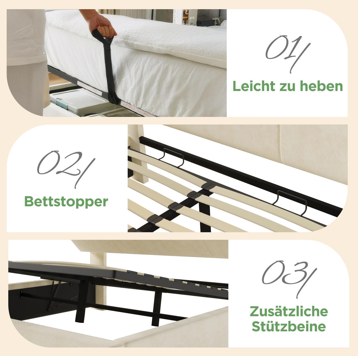 ČALOUNĚNÁ postel 140/190 cm béžová ze sametu s výškově nastavitelným úložným čelem, LED a USB/Type-C - béžová, textil (140/190cm) - OKWISH