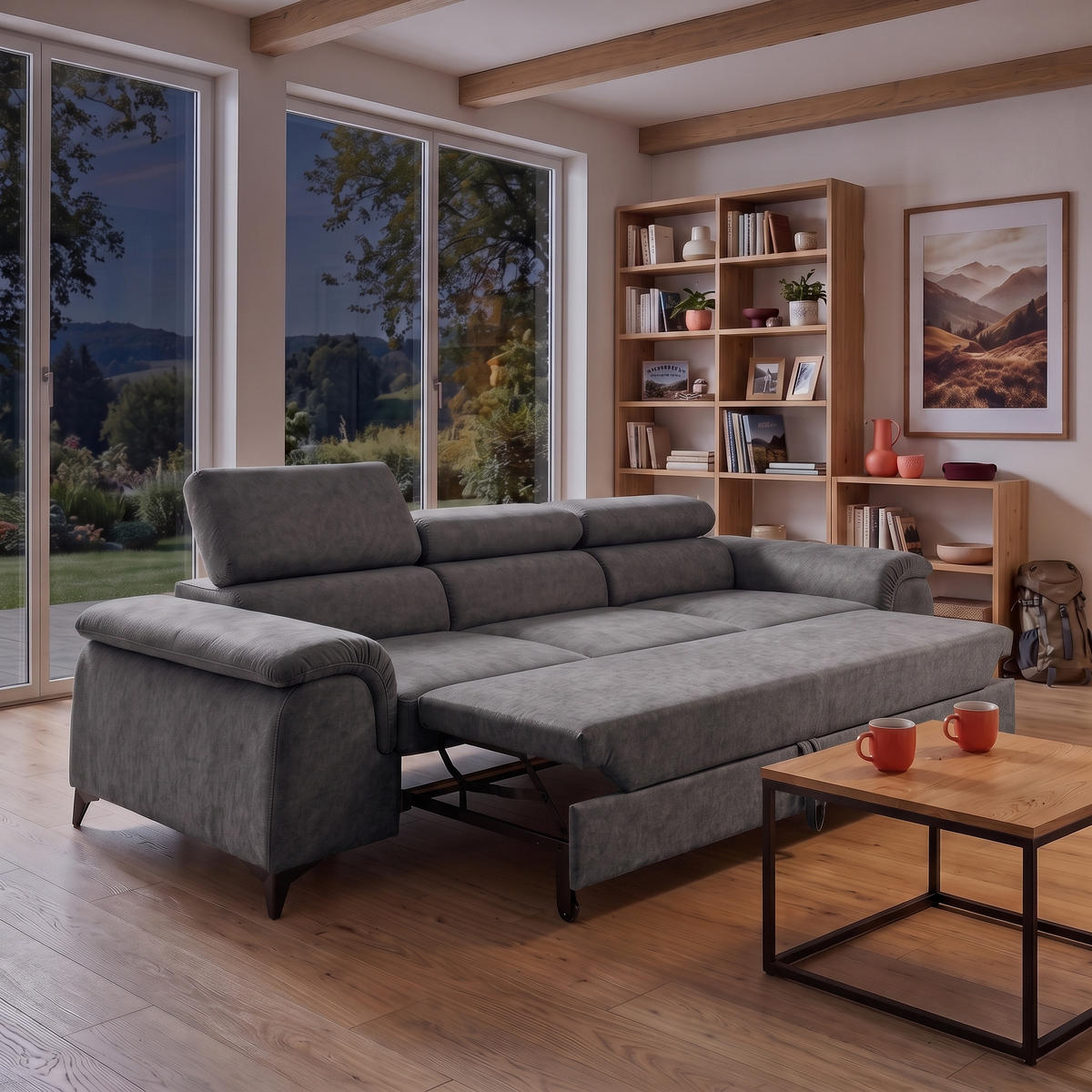 3-SITZER Sofa PLAZA mit Schlaffunktion 127x195 Velours Grau - Schwarz/Grau, Holz/Textil (260/90/100cm) - Muffo