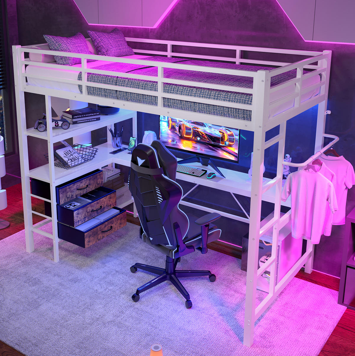 HOCHBETT mit Schreibtisch 90/200 cm in Weiß – mit Stauraum, Treppe und LED-Licht - Weiß, Metall (90/200cm) - BEAOK
