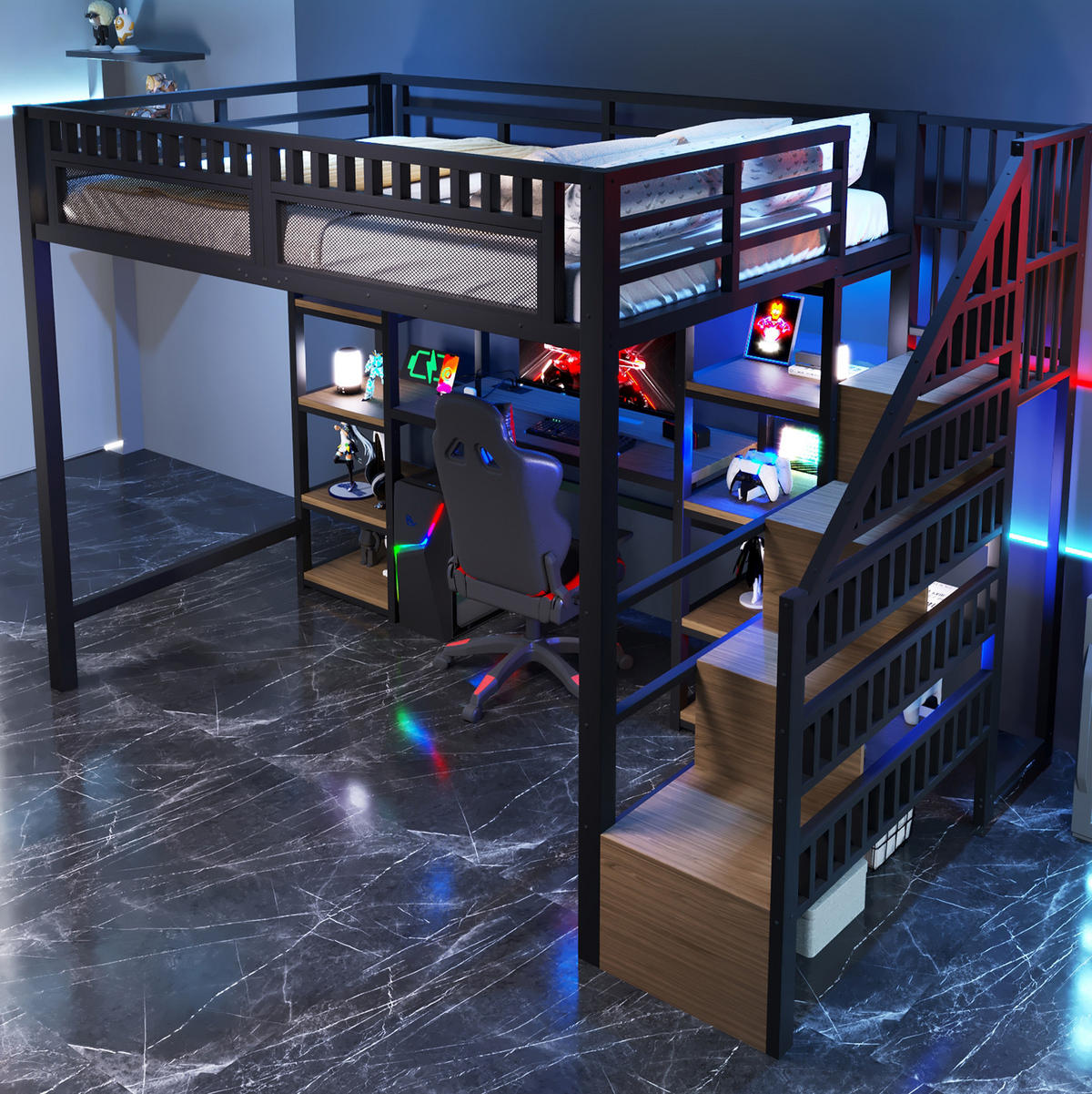 HOCHBETT 140/200 cm aus Metall mit Schreibtisch, Stauraumleiter und LED-Lichtleiste Schwarz - Schwarz, Metall (140/200cm) - Modenvie