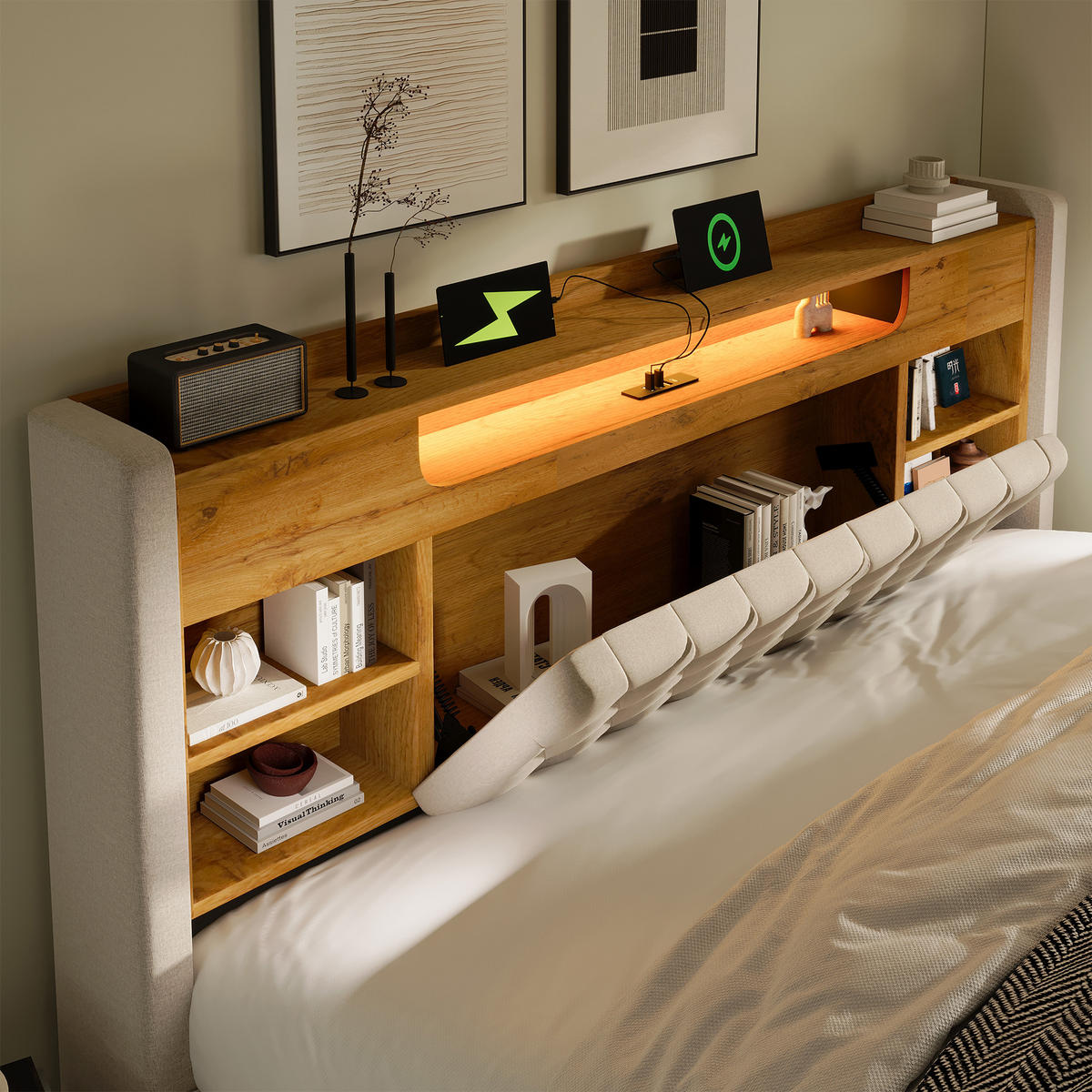 POLSTERBETT 140/200 mit Bettkasten, LED und USB in Beige - Beige, Holzwerkstoff/Textil (140/200cm) - EVRYAE