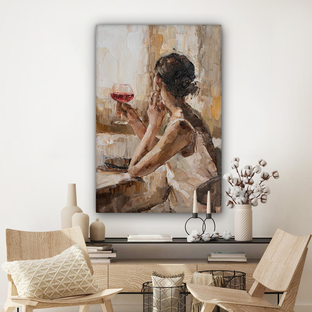 LEINWANDBILD Ölgemälde - Frau - Wein Deko Groß 90x140 cm - Hellbraun, Textil (90/140cm) - MuchoWow