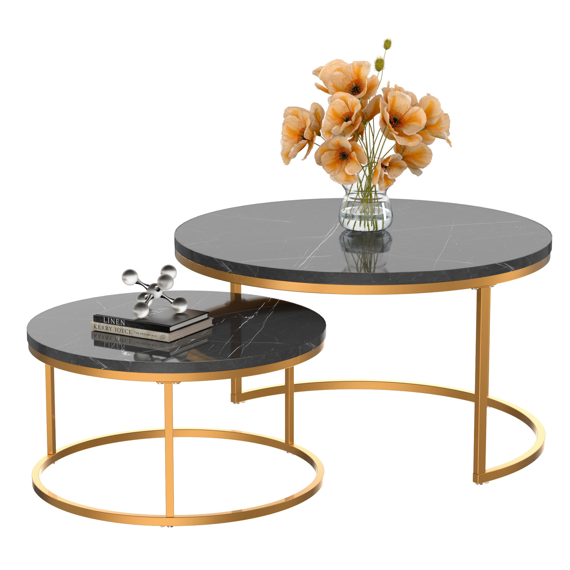 COUCHTISCH-SET mit Marmoreffekt und Metallrahmen Basis, Stapelbarer Beistelltisch Set 80/80/45 cm + 60/60/33,5 cm, Schwarz und Gold - Schwarz, Holzwerkstoff (80/80/45cm) - Redom